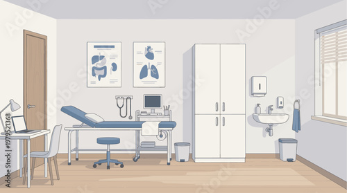 A clean, minimalist illustration depicts a doctor's examination room with a patient bed, desk, medical charts, and a sink, ideal for healthcare or wellness concepts.