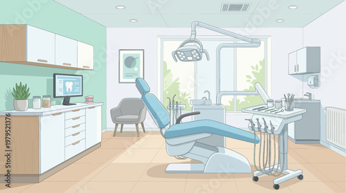 A clean, brightly lit dental examination room featuring a comfortable patient chair, advanced equipment, and a computer display showing dental information.