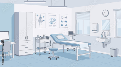 A clean, modern medical examination room with a patient bed, medical equipment, and diagnostic charts on the wall.