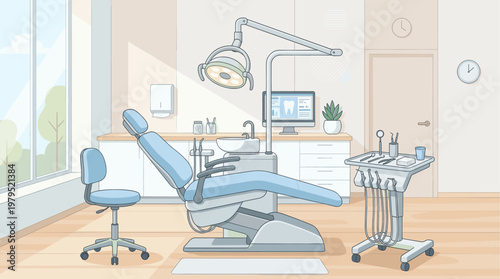 A clean, modern dental examination room with a blue dentist chair, medical tools, and a computer.