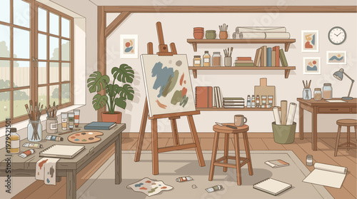 A cozy artist studio filled with supplies, featuring an easel with a painting, paint tubes, brushes, a palette, and a large window overlooking a garden.