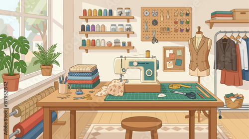 A cozy and well-organized sewing room filled with spools of thread, fabric rolls, a sewing machine, and a mannequin, bathed in natural light from a large window.