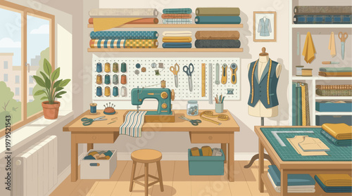A charming, brightly lit sewing studio filled with colorful fabrics, spools of thread, a sewing machine, and various tailoring tools, ready for creative projects.