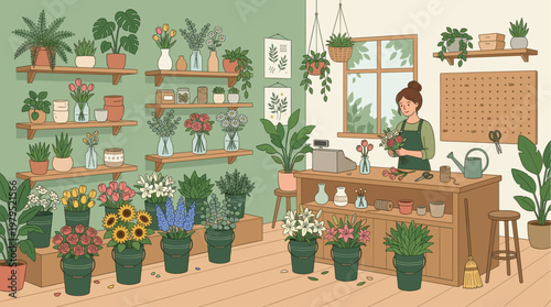 A charming illustration of a woman arranging a bouquet of flowers behind a counter in a cozy flower shop filled with plants.