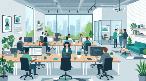 A vibrant, modern open-plan office interior filled with diverse people collaborating and working on computers, showcasing a productive and inclusive work environment.