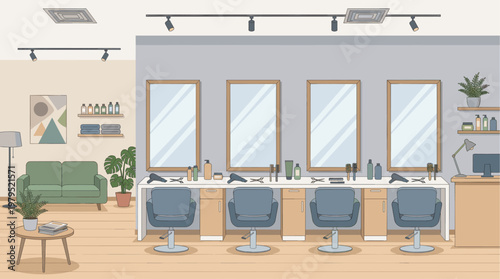 A clean, minimalist illustration of a hair salon interior featuring barber chairs, mirrors, hair dryers, scissors, and styling products, ready for clients.