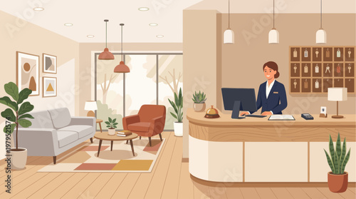 A friendly female receptionist in a suit smiles while working at a computer at a hotel's reception desk with keys hanging on the wall.