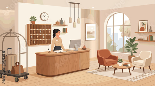 A friendly female hotel receptionist stands behind a wooden desk in a modern lobby, ready to assist a guest with luggage.