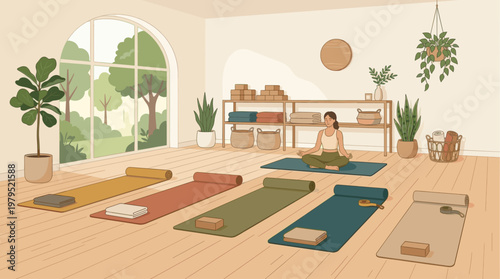 A woman in a yoga studio meditates peacefully on a mat, surrounded by other prepared mats, plants, and soft natural light streaming through a large window.
