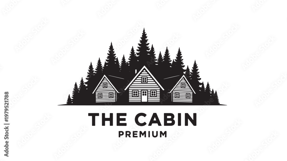 Obraz premium Cabin logo with pine forest silhouette and three stylized houses above the text THE CABIN PREMIUM featuring rustic branding, lodge, woodland with