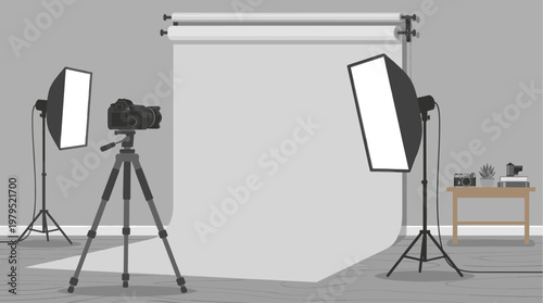 A minimalist illustration depicts a professional photo studio setup featuring a camera on a tripod, softbox lights, and a backdrop.