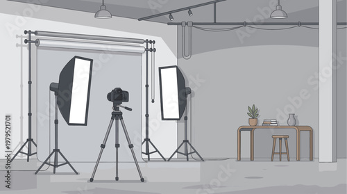 An illustrated indoor photography studio with a camera on a tripod, lighting equipment, and backdrop ready for a shoot.