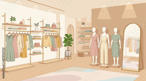 A bright and airy fashion boutique interior features clothing racks, shelves with folded garments and handbags, mannequins displaying outfits, and a large mirror reflecting more apparel.