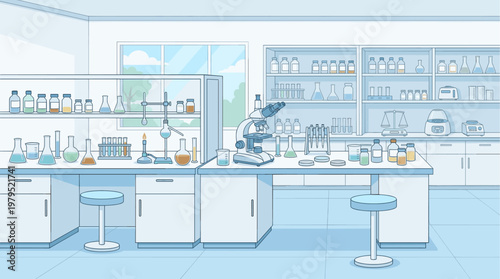 This illustration depicts a bright, organized laboratory interior filled with scientific equipment like microscopes, beakers, and test tubes, perfect for medical or research themes.