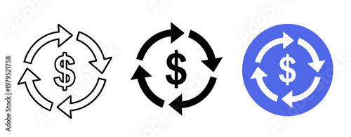 Three dollar sign icons with arrows in outline, solid, and colored styles