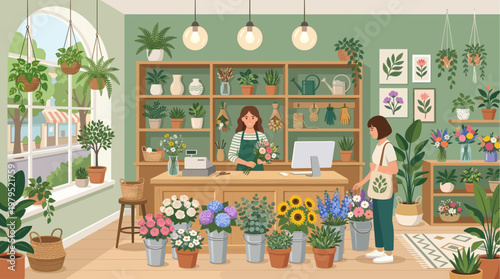 A charming flat illustration of a cozy florist shop interior filled with plants and flowers, showing a florist assisting a customer.