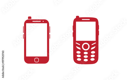 Red silhouettes of two cell phones, one with touchscreen and one with keypad, on white background, mobile phone