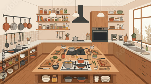 A warm, inviting kitchen illustration depicting various stages of food preparation, with ingredients, cookware, and appliances neatly organized.