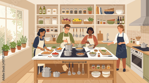 A diverse group of friends happily preparing a meal together in a well-lit, inviting kitchen, showcasing teamwork and culinary creativity.