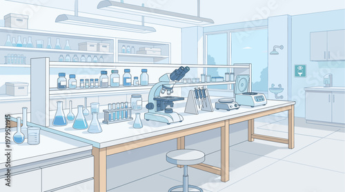 A clean, modern laboratory interior featuring a microscope, beakers, test tubes, and other scientific equipment on a wooden bench.
