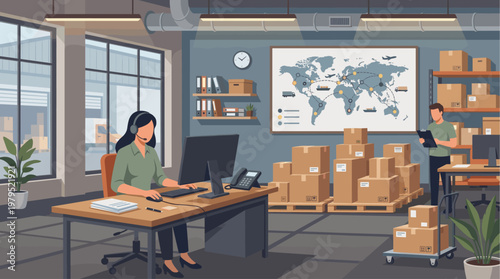 A busy logistics office scene with a woman at a computer and a man checking a clipboard, surrounded by boxes and a world map.