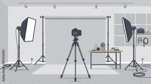 A clean, modern illustration of a photography studio with a camera on a tripod, softbox lights, and background paper ready for a shoot.