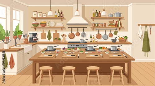 A warm and inviting illustrated kitchen scene with a wooden table, cooking pots, fresh ingredients in bowls, and various utensils, ready for a culinary activity.