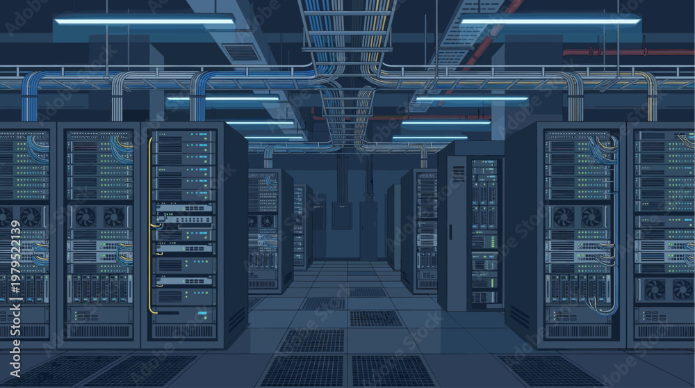 Fototapeta premium A digital illustration of a modern server room with rows of racks, complex cabling, and blue fluorescent lights, conveying technology and data storage.