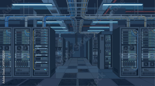A digital illustration of a modern server room with rows of racks, complex cabling, and blue fluorescent lights, conveying technology and data storage.