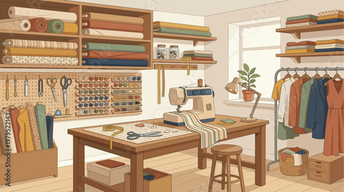 A cozy and organized sewing studio filled with colorful fabrics, threads, a sewing machine, and garments on a rack, bathed in soft natural light from a window.