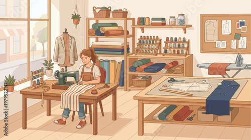 A young woman is happily sewing in her well-organized studio, surrounded by colorful fabrics, threads, and sewing tools, creating a cozy and industrious atmosphere.