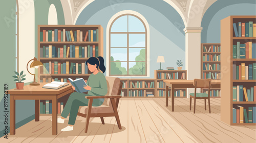 A young woman sits comfortably in an armchair in a cozy library, engrossed in a book, with bookshelves and natural light filling the space.