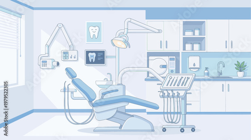 A clean, minimalist illustration of a dentist's examination room featuring a blue reclining dental chair, specialized tools, and medical equipment.