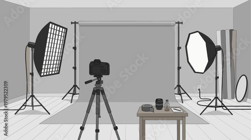 A digital illustration depicts a minimalist photography studio with studio lights, a camera on a tripod, and props on a table, ready for a shoot.