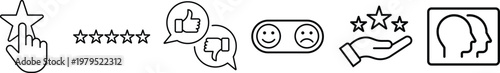 Outline vector icon set for customer experience including hand choosing star rating thumbs up and down feedback bubbles sentiment scale and profile review graphics.