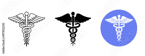 Caduceus symbol in different styles: medical emblem variations
