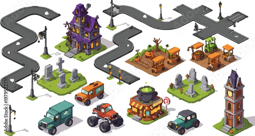 Isometric Halloween town game assets, spooky haunted house and graveyard cemetery vector set, cartoon horror city map constructor with roads and vehicles