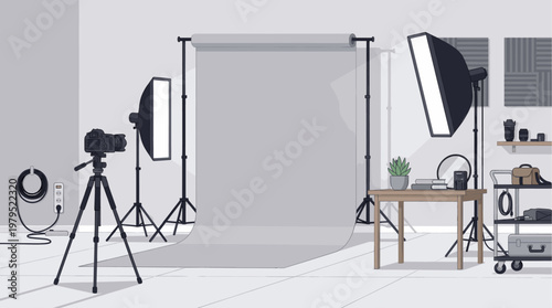A stylized illustration of a professional photography studio with a backdrop, camera on tripod, lighting equipment, and cart for gear.