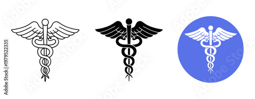 Black and white caduceus symbols with blue circle background
