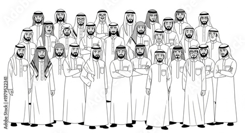 Group of men in traditional Arab attire, standing together in a gathering.