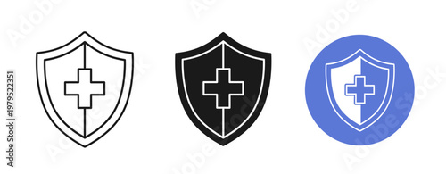 Medical shield icons featuring cross symbol in outline, solid, and blue variants