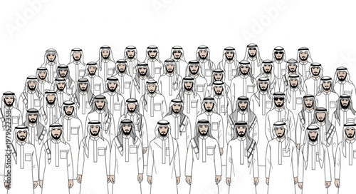 Group of men in traditional Arab attire standing together in a crowd.