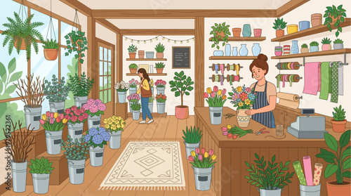 A cheerful florist arranges a colorful bouquet behind the counter of a bright, plant-filled flower shop, with a customer browsing greenery near the entrance.