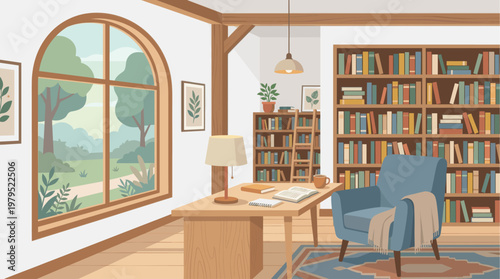 A warm and inviting illustration of a cozy reading nook featuring a wooden desk, a plush armchair draped with a blanket, and floor-to-ceiling bookshelves filled with books, overlooking.