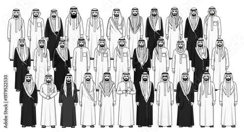 Group of men in traditional Arab attire, standing together.