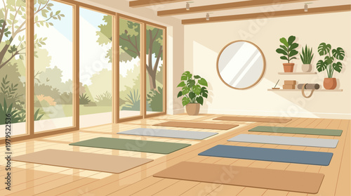 A bright and airy yoga studio featuring wooden floors, large windows overlooking greenery, and a collection of plants, set up for a class with multiple yoga mats.