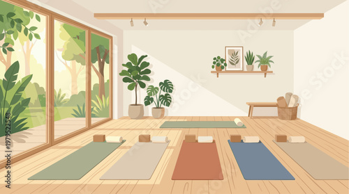 A tranquil yoga studio with colorful mats, plants, and large windows overlooking a lush green garden, creating a serene and inviting atmosphere for practice.