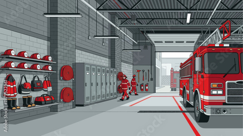 This illustration depicts a fire station interior with firefighters, gear, lockers, and a fire truck ready for action, conveying a sense of preparedness and duty.