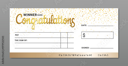 Congratulations bank check template. Winner bank cheque certificate for prize giveaway. Oversized cheque, Money gift voucher, Bank transfer token