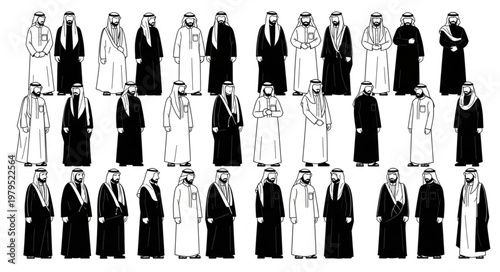 Group of men in traditional Arab clothing, black and white image.